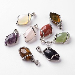 Mixed Stone Natural Mixed Stone Pendants, with Brass Rhinestone Findings,  Horse Eye, 36x17.5x7~9mm, Hole: 2.5x4mm