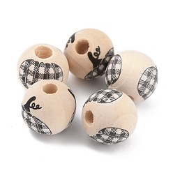 Negro Cuentas de madera natural con tema de otoño, cuentas a cuadros, redondo con estampado de calabaza, diseño de tartán, negro, 16x15 mm, agujero: 4 mm