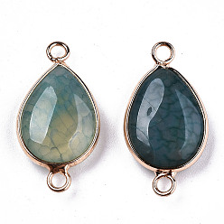 Natural Agate Natural Agate Links Connectors, with Light Gold Tone Brass Findings, Teardrop Green, 27x14x6mm, Hole: 2mm