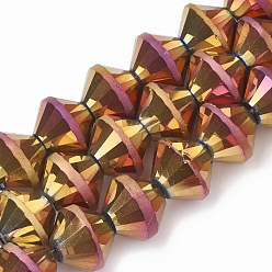 Deep Pink Electroplate Glass Beads Strands, Frosted, Faceted, Bicone, Deep Pink, 12x10mm, Hole: 1.4mm, about 50pcs/strand, 20 inch
