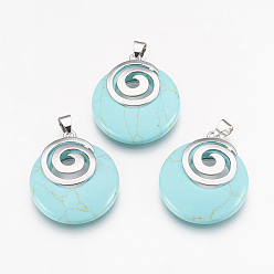 Синтетическая Бирюза Синтетические бирюзовые подвески, с латунной фурнитурой платинового цвета, плоско-круглые, окрашенные, 32x28x6 мм, отверстие : 4x5 мм