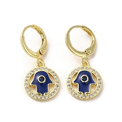 Midnight Blue Hamsa Hand Golden Brass Dangle Leverback Earrings, with Enamel and Cubic Zirconia, Midnight Blue, 27x12mm