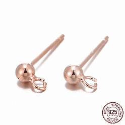 Rose Gold 925 Sterling Silver Ear Stud Findings, Earring Posts with 925 Stamp, Rose Gold, 14mm, head: 6x3mm, Hole: 1mm, Pin: 0.7mm
