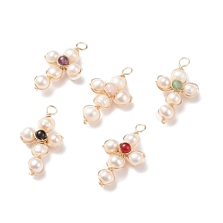 Смешанные камни Подвески из смеси натуральных камней и белого пресноводного жемчуга, с настоящей позолоченной медной проволокой 18k, крестик, 31.5x17.5x7 мм, отверстие : 3.1 мм