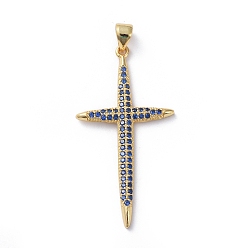 Золотой Латунные микро проложить кубического циркония подвески, крестик, синие, золотые, 38.8x20x2 мм, отверстие : 4x5 мм
