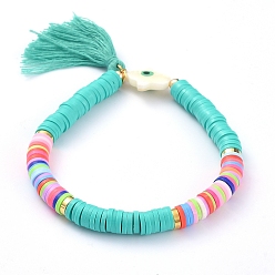 Medium Turquoise Handmade Polymer Clay Heishi Beads Stretch Bracelets, with Cotton Thread Tassel Pendants and Natural Freshwater Shell Beads, Palm with Evil Eye, Medium Turquoise, 2-1/4 inch(5.8cm)