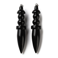 Обсидиан Природные обсидиана большие кулоны, подвески в форме меча с застежками-кнопками из нержавеющей стали, цвет нержавеющей стали, 69~71x14~14.5 мм, отверстие : 5x3.5 мм