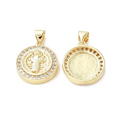 Настоящее золото 18K Латунные микро проложить кубического циркония подвески, без кадмия и без свинца, плоский круглый со святым шармом, реальный 18 k позолоченный, 18.5x16x4 мм, отверстие : 5x3.5 мм