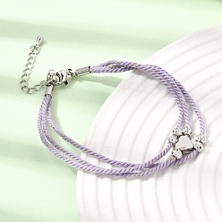 Lilac Polyester Multi-Strand Bracelets, Brass Heart Bead Bracelets with 202 Stainless Steel Lobster Claw Clasps, Platinum & Stainless Steel Color, Lilac, 7.09 inch(18cm)