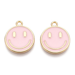 Pink Light Gold Tone Alloy Enamel Pendants, Flat Round with Smiling Face Charms, Pink, 19x16x1.5mm, Hole: 1.8mm