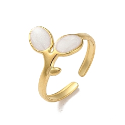 White Real 18K Gold Plated 304 Stainless Steel Enamel Cuff Rings, Leaf, White, Adjustable