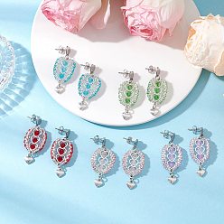 (52) Непрозрачная лаванда 304 серьги-гвоздики из нержавеющей стали с ограненными биконусными стеклянными бусинами, с тибетским типом сплава сердца, старинное серебро и серебро, разноцветные, 43x16.5~19 мм