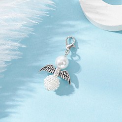 Античный Серебристый & Платиновый 50шт. акриловые искусственные жемчужины и стеклянные жемчужины подвесные украшения в виде ангела, с крыльями из сплава и застежками-клешнями, белые, старинное серебро и платина, 38 мм, Кулон : 27x21x10 мм