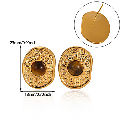 Golden 304 Stainless Steel & Natural Tiger Eye Stud Earrings, Oval with Sun, Golden, 23x18mm