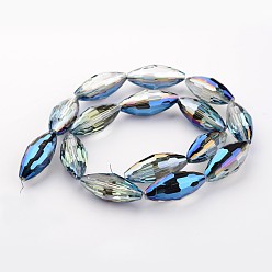 Синий Гальванические стеклянные бусины, рис, граненые, с половиным покрытием цвета радуги, синие, 36x16x16 мм, отверстие : 2 мм, около 15 шт / нитка, 21.57 дюйм