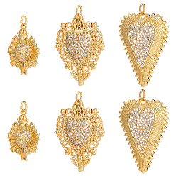 Настоящее золото 18K 6 шт. 3 подвески из латуни с микропаве из прозрачного кубического циркония, долговечный, с целью перехода в кольце, очарование священного сердца, реальный 18 k позолоченный, 23~31.5x18~24x2.5~4.3 мм, отверстие : 3~3.5 мм, 2 шт / стиль