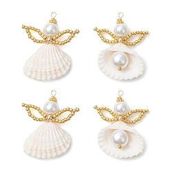Белый Подвески из моллюсков, ангел, со стеклянными бусинами и петлями из медной проволоки, реальный 18 k позолоченный, белые, 37~40.5x31.5x12 мм, отверстие : 1.8 мм