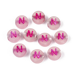 Letter N Светящиеся матовые акриловые бусины, гальваническим, плоские круглые с буквы, светится в темноте, Письмо N, 10x5 мм, отверстие : 2 мм, Около 1390 шт / 500 г