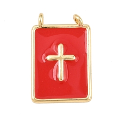 Красный Латунь эмаль подвески, прямоугольник с поперечными прелести, без свинца и без кадмия, долговечный, реальный 18 k позолоченный, стойки покрытие, красные, 18.5x12x3 мм, отверстие : 1.2 мм