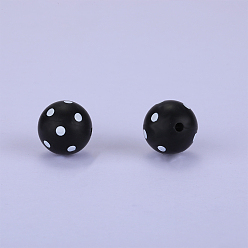 Black Printed Round with Polka Dot Pattern Silicone Focal Beads, Black, 15x15mm, Hole: 2mm