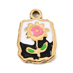 White 303 Stainless Steel Enamel Pendants, Rectangle with Flower Charms, Ion Plating(IP), Golden, White, 22x15x2.5mm, Hole: 2.5mm