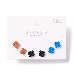 Black Square with Tartan Alloy Stud Earrings Set for Women, with 925 Sterling Silver Plated Pins, Mixed Color, 8x8x1.5mm, Pin: 0.7mm, 3 pairs/set