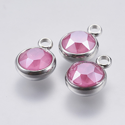 Ярко-Розовый K 9 стеклянные подвески, с 304 фурнитурой из нержавеющей стали, граненые, плоско-круглые, цвет нержавеющей стали, ярко-розовый, 13.5x10x6 мм, отверстие : 2.5 мм