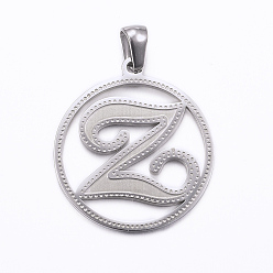 Letter Z Non-Tarnish 304 Stainless Steel Pendants, Flat Round with Letter, Stainless Steel Color, Letter.Z, 28x25x1.2mm, Hole: 6x3.5mm