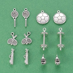 Античное Серебро Тема спортивных товаров, тибетский стиль сплава цинка подвески, бейсбольный шлем и теннисные ракетки, гольф, футбол и гантели, античное серебро, 24 шт / комплект