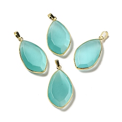 Turquoise Cat Eye Pendants, with Rack Plating Brass Loops, Oval Charm, Turquoise, 36~36.5x19.5~20x6~6.5mm, Hole: 6.5x3.5mm