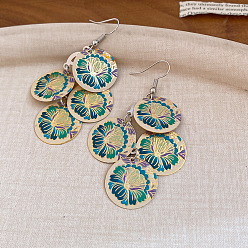 Cyan Foncé Boucles d'oreilles pendantes plates rondes en émail de fer pour femmes, motif de fleur, couleur inox, dark cyan, 70x30mm