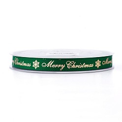 Green Polyester Grosgrain Ribbon for Christmas, Snowflake & Word, Green, 9mm, about 100yards/roll