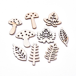 Blanched Almond Autumn Theme Laser Cut Wood Shapes, Unfinished Wooden Embellishments, Poplar Wood Cabochons, Leaf & Mushroom, Blanched Almond, 26~36.5x12.5~30.5x2.5mm, about 100pcs/bag