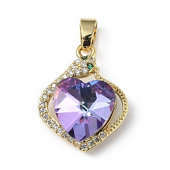 Lilac Real 18K Gold Plated Rack Plating Brass Micro Pave Clear Cubic Zirconia Pendants, with Glass, Long-Lasting Plated, Cadmium Free & Lead Free, Heart Charm, Lilac, 21.5x17x8mm, Hole: 5x3.2mm