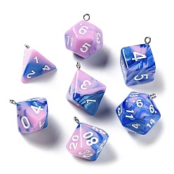 Plum 7Pcs 7 Styles Opaque Resin Polyhedral Dice Pendants Set, Multi-Sided Dice Charms with Platinum Plated Iron Loops, Mixed Shapes, Plum, 20~28x19~24x17~24mm, Hole: 2mm, 1pc/style