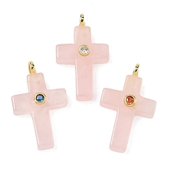 Розовый Кварц Природного розового кварца подвески, Подвески в виде креста с фурнитурой из латуни, инкрустированной микрофиброй (случайного цвета)., золотые, 30x17.5~18x6.5~7 мм, отверстие : 2.7 мм