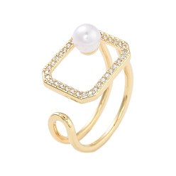 Настоящее золото 18K Прямоугольные латунные стойки с покрытием из циркония, открытые кольца-манжеты для женщин с микро-паве, с ABS имитации жемчуга, без кадмия и без свинца, долговечный, реальный 18 k позолоченный, внутренний диаметр: 18 мм