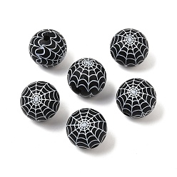 Черный Силиконовые бусины, фокусные бусы, круглый с рисунком паутины, чёрные, 15 мм, отверстие : 3 мм
