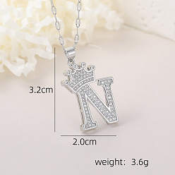 Letter N Хип-хоп латунные микропаве кубические цирконии корона инициал подвеска ожерелья, 304 ожерелья из нержавеющей стали с цепочкой для женщин, платина, Письмо N, 15.75 дюйм (40 см)