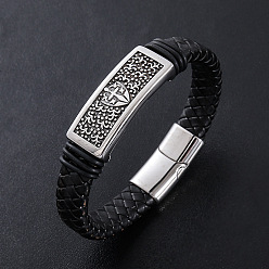 Античный Серебристый & Цвет Нержавеющей Стали Браслеты из плетеного шнура из искусственной кожи в стиле панк, 304 Браслеты с подвесками в виде меча и щита из нержавеющей стали для мужчин, с магнитной застежкой, старинное серебро и цвет нержавеющей стали, 8.27 дюйм (21 см)