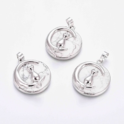 Говлит Кулоны с котятами из говлита, с латунной фурнитурой платинового цвета, плоский круглый с формой кота и полумесяца, 32x28x9 мм, отверстие : 5x7 мм