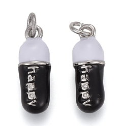 Платинированный Латунь эмаль подвески, с прыжковых колец, долговечный, таблетка в форме батончика со словом счастливый, чёрные, Реальная платина, 17x6 мм, отверстие : 3 мм