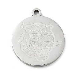 Leopard Pendentifs en acier inoxydable, charmes rondes plates, couleur inox, leopard, 201mm, Trou: 24.5x21.5x2mm