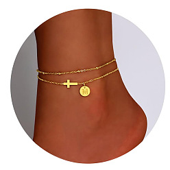 Letter M Браслеты на ногу из латуни с боковыми поперечными связями и плоскими круглыми начальными подвесками, золотые, Буква М, 7-7/8 дюйм (200 мм)