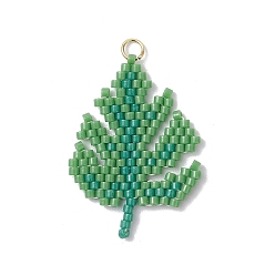 Зеленый Подвески из бисера, лист, с 304 кольцами из нержавеющей стали, реальный 18 k позолоченный, зелёные, 30.5x22x1.5 мм, отверстие : 3 мм
