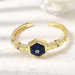 Ляпис-Лазурь Женские шестиугольные латунные браслеты-манжеты с инкрустацией натуральным лазуритом и кубическим цирконием., золотые, внутренний диаметр: 1.89x2.34 дюйм (4.8x5.95 см), широкий: 25 мм.