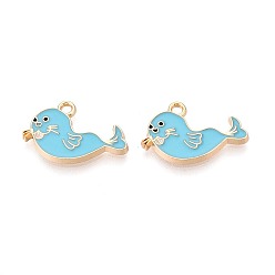 Sky Blue Alloy Enamel Pendants, Cadmium Free & Nickel Free & Lead Free, Light Gold, Fur Seal, Sky Blue, 13.5x20x1.5mm, Hole: 1.6mm