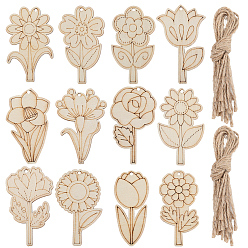 Мокасин 1Набор необработанных деревянных заготовок для подвесок в виде цветов, предназначенных для живописи., пирография, домашнего декора, с джутовым шнуром, мокасин, 70~73x32~48x2 мм