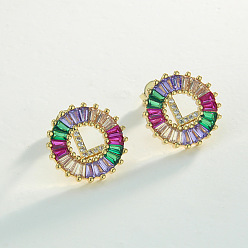 Letter L Серьги-гвоздики из латуни с разноцветными кубическими цирконами, плоско-круглые, золотые, Письмо L, 16x16 мм