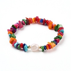 Разноцветный Браслеты стрейч с бусинами и чипсами, с натуральным жемчугом и бусинами из латуни, золотые, красочный, внутренний диаметр: 2 дюйм (5 см)